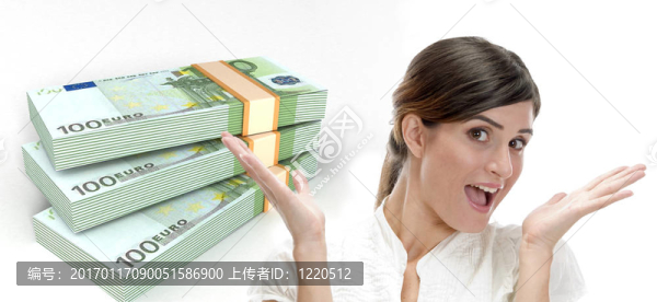 驚訝的商業(yè)女性和歐洲貨幣三維束