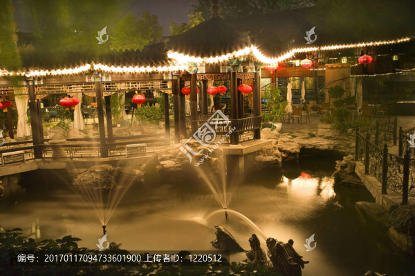 紅燈籠噴泉北京神廟中國夜晚的太陽
