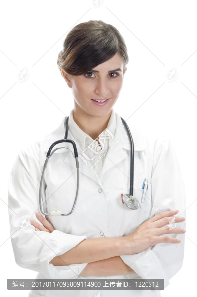 女醫(yī)生雙臂交叉和聽診器