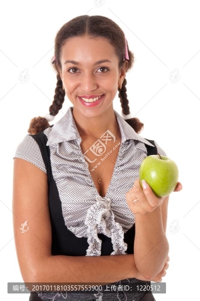 微笑女孩與綠色蘋果