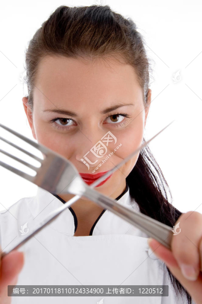 女廚師長餐具的特寫