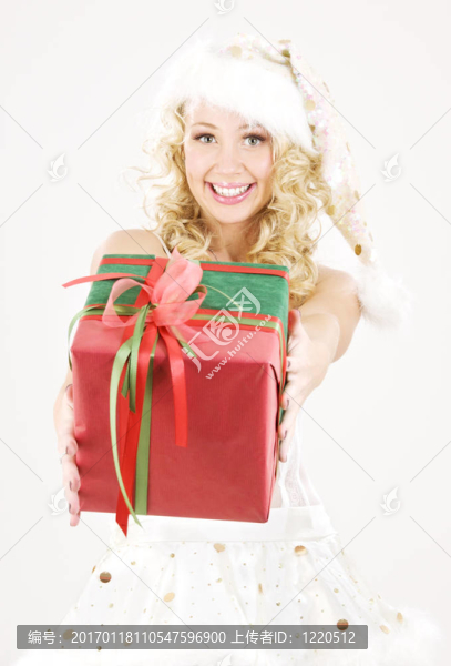 快樂圣誕助手與禮品盒女孩