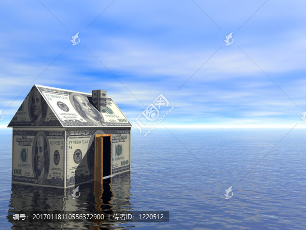 3D概念房地產美元房子水和多云藍天