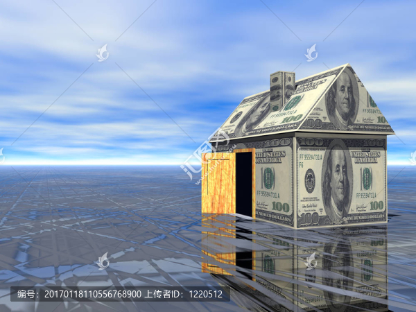 3D概念房地產(chǎn)美元房子濕瀝青和多云藍(lán)天
