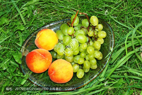 桃和綠色葡萄在草地上
