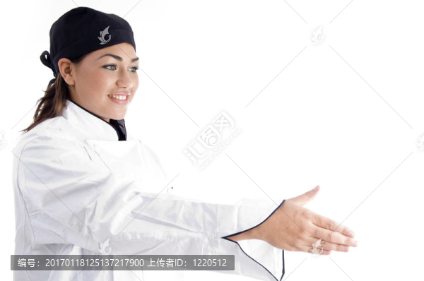 美麗的女廚師提供握手的人