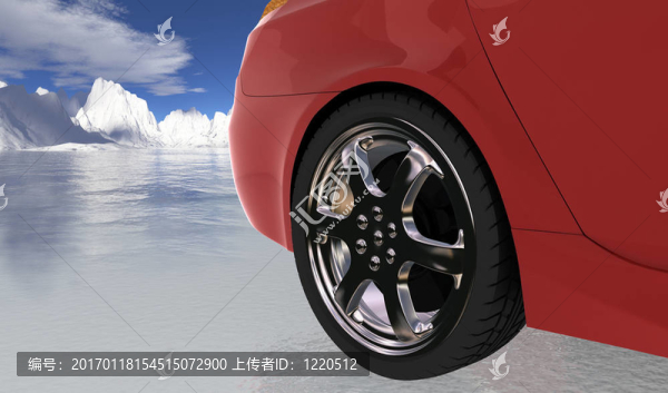薄冰上紅色跑車(chē)；后輪