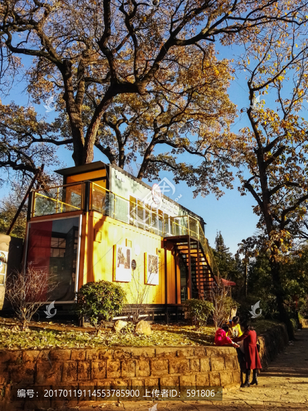 一家三口在樹下小屋旁游戲