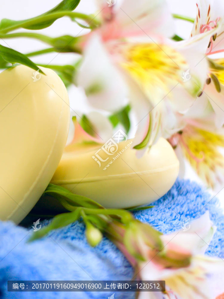 藍色織物上的肥皂和花