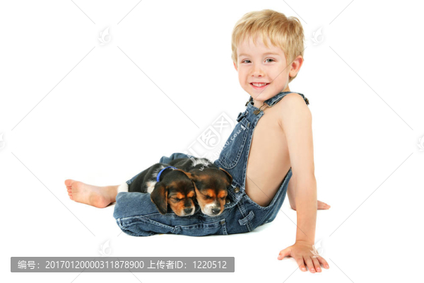 小男孩坐在他的膝上犬幼犬