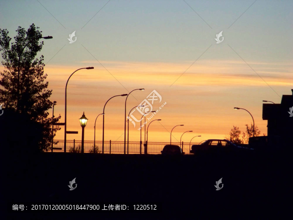 在黎明的路燈和街道的輪廓