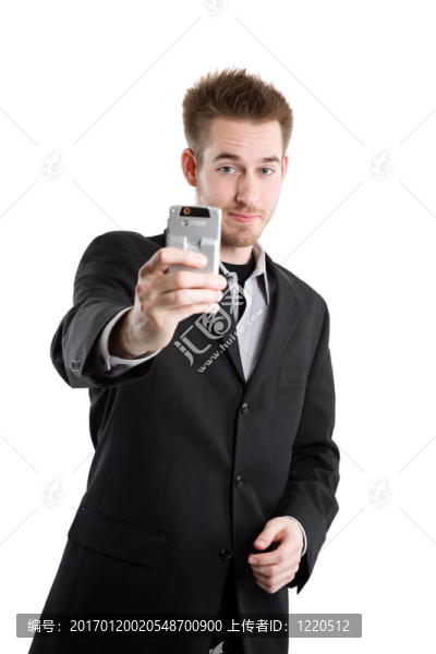 帶有拍照手機的白人商人