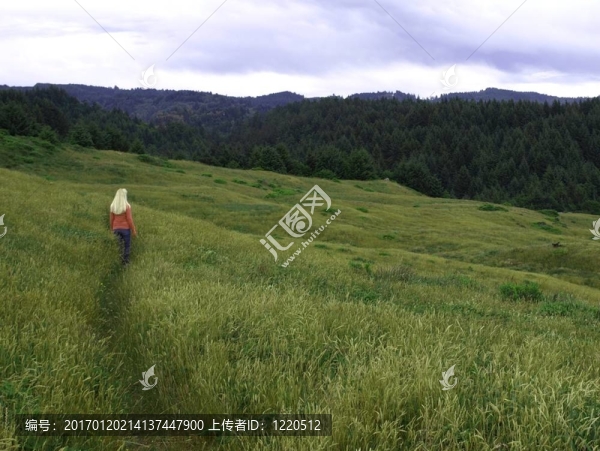 女孩在草地的山坡上
