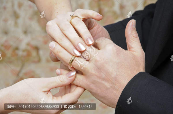 新娘戒指戴在新郎的手指上