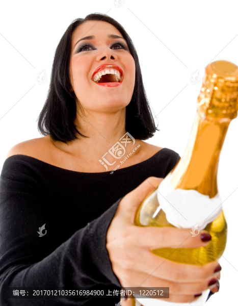 抱香檳酒瓶的正面模型
