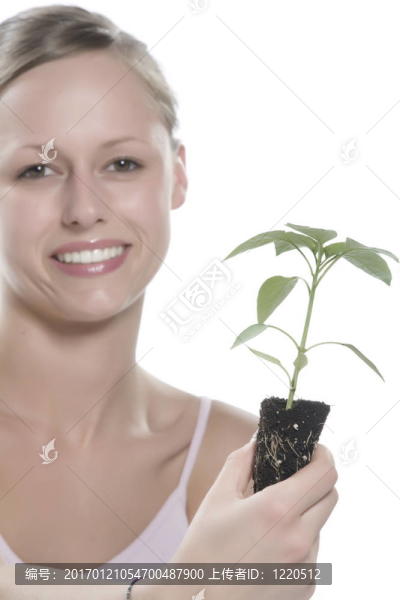 美麗的金發(fā)女孩抱著年輕的植物