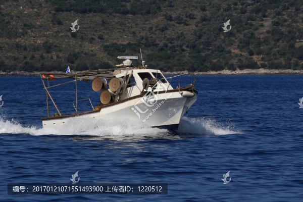 漁船在萊夫卡斯希臘愛奧尼亞島