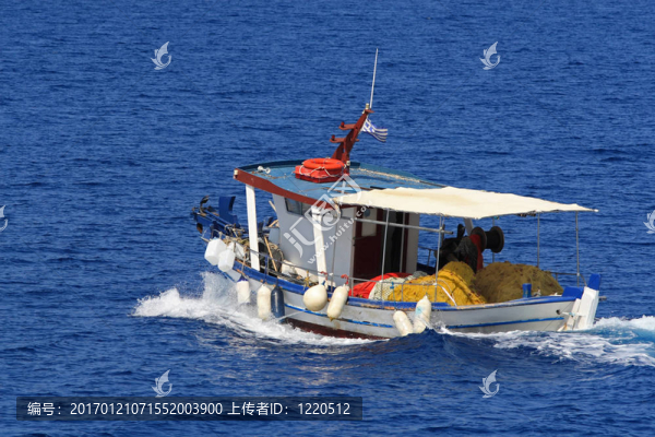 漁船在萊夫卡斯希臘愛奧尼亞島