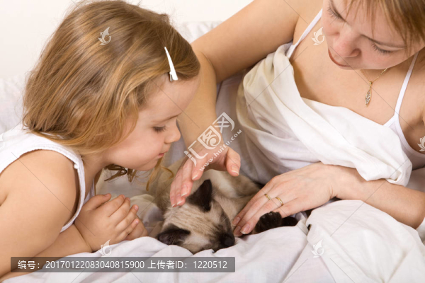 小女孩和她的媽媽撫摸著小貓