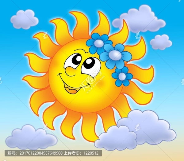 微笑的太陽與藍(lán)色的天空上的花朵