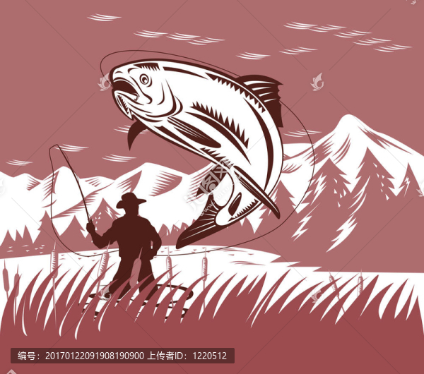 飛行漁夫捕捉一個跳躍的鱒魚