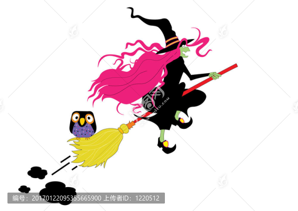 彩色圖形描繪女巫在她的掃帚（概念：萬圣節(jié)）