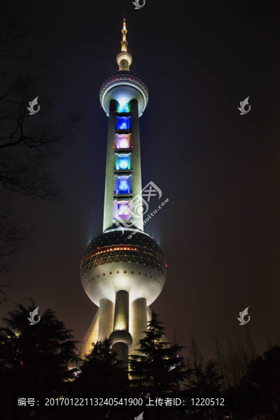 上海電視塔在夜晚樹浦東中國(guó)