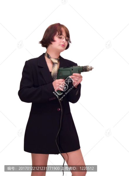 帶鉆頭的年輕女子。白色隔離