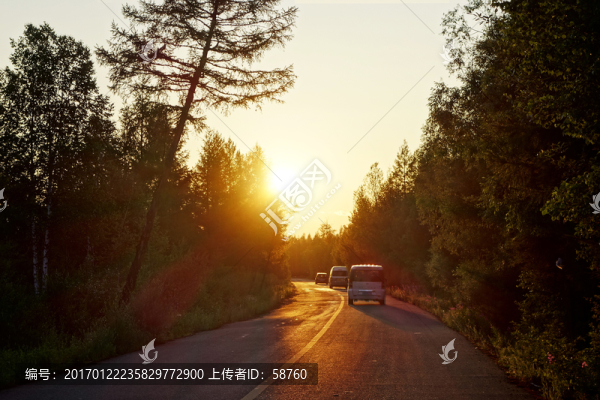 夕陽(yáng)下森林公路行駛的車輛