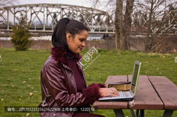 年輕的職業(yè)女性在公園工作的筆記本電腦