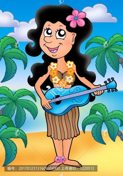 夏威夷音樂(lè)家女孩在海灘上