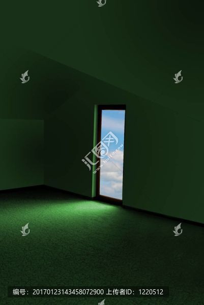 綠色的房間和門與天空的看法