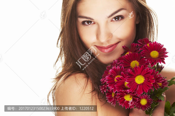 可愛的女孩，紅色的花