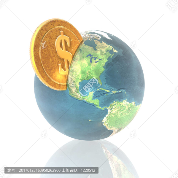 用白色的3D地球儀上的硬幣