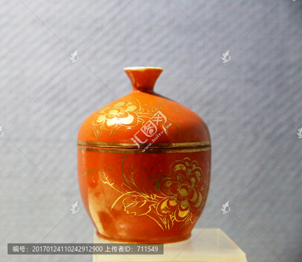 朱地描金花卉瓷悶,民國(guó)