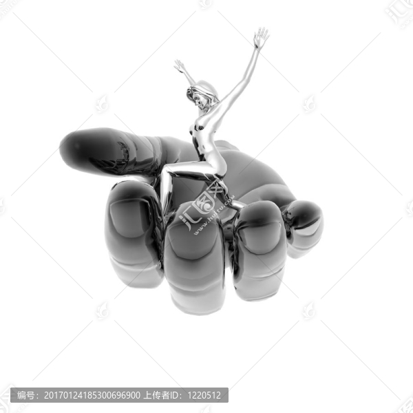 3D女孩在金屬手上孤立的白色