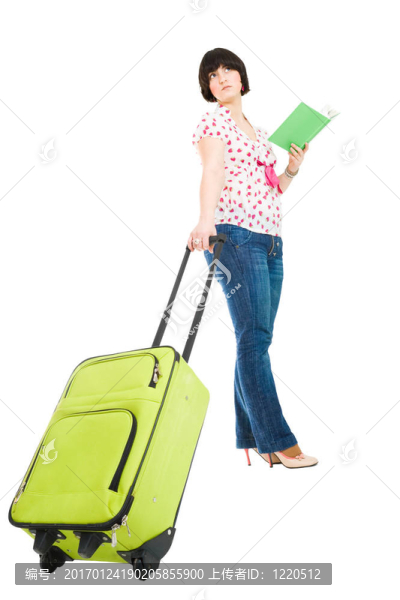 帶旅行箱和書的旅行者