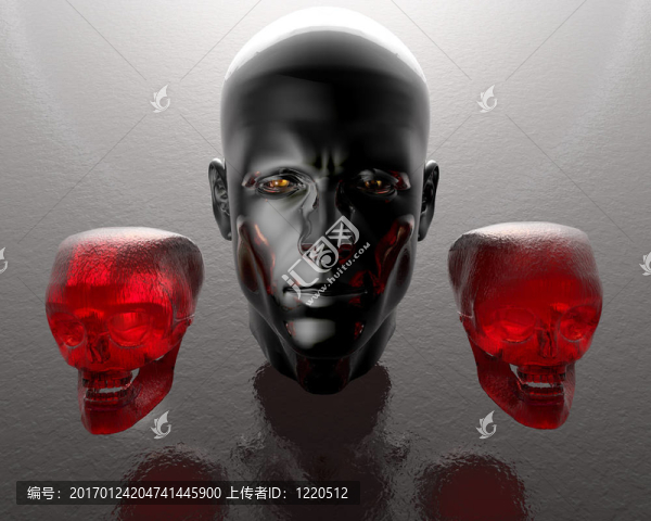 帶有兩個(gè)玻璃頭骨的3D男人頭