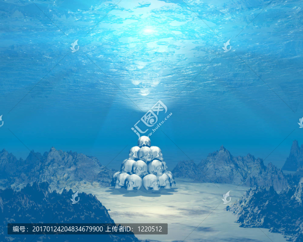 立體的骷髏看起來水下