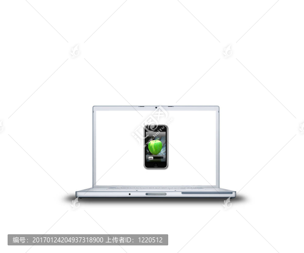 在白色背面隔離的筆記本電腦屏幕上的蘋果手機(jī)