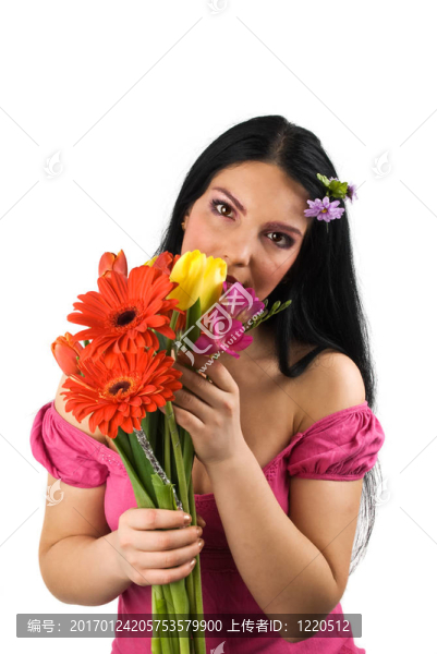 寂寞的女人，帶著春天的花朵