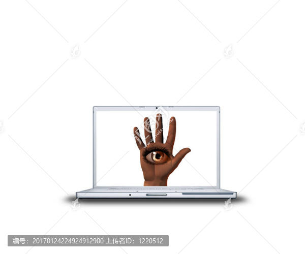 手與女孩眼睛在筆記本電腦屏幕上孤立的白色背面