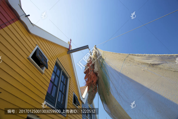 荷蘭海岸的彩色房子，夏天有藍(lán)天