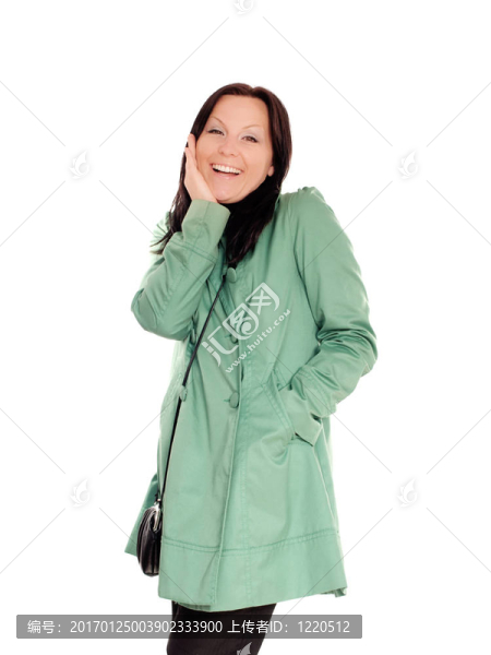 微笑的女人，帶著白色的錢包
