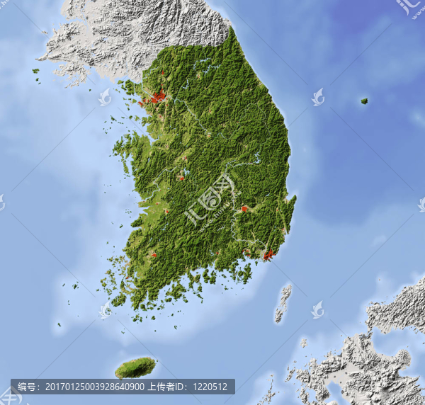 韓國；陰影地形圖