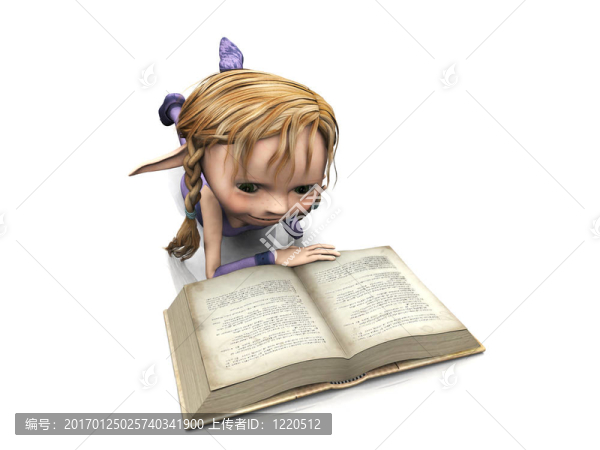 可愛卡通女孩閱讀書。