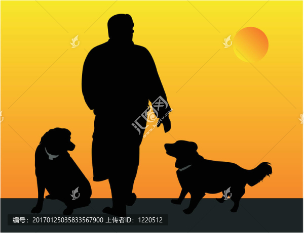 男人走他的狗的插圖。