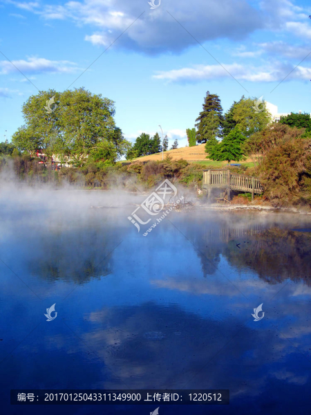 庫伊勞公園的地?zé)峄顒?；木山和云反射通過蒸汽。羅托魯阿；新西蘭