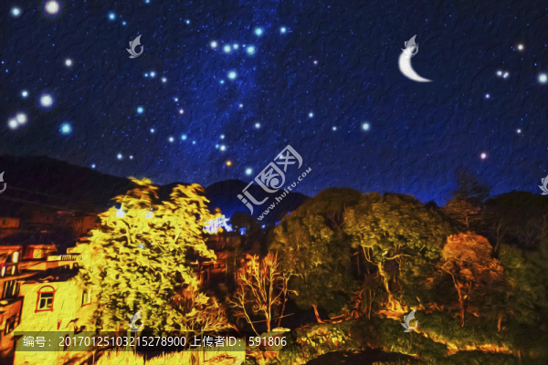 山村星月夜（油畫）