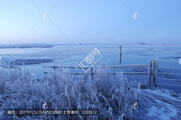 一個(gè)藍(lán)色的；凍結(jié)和寒冷的冬季景觀在荷蘭